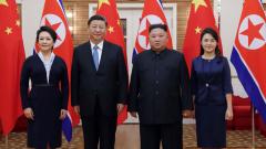 In this Thursday, June 20, 2019, photo provided by the North Korean government, North Korean leader Kim Jong Un, center right, his wife Ri Sol Ju, right, Chinese President Xi Jinping, center left, and his wife Peng Liyuan pose for a photo at Kumsusan gues In this Thursday, June 20, 2019, photo provided by the North Korean government, North Korean leader Kim Jong Un, center right, his wife Ri Sol Ju, right, Chinese President Xi Jinping, center left, and his wife Peng Liyuan pose for a photo at Kumsusan gues