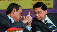 Chief Justice of India Justice Dipak Misra with CJI-designate Justice Ranjan Gogoi during the launch of SCBA Group Life Insurance policy, at the Supreme court lawns, in New Delhi last Tuesday. Chief Justice of India Justice Dipak Misra with CJI-designate Justice Ranjan Gogoi during the launch of SCBA Group Life Insurance policy, at the Supreme court lawns, in New Delhi last Tuesday.