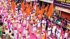 Dhol tasha group from Sangli performs in the procession Dhol tasha group from Sangli performs in the procession