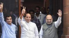Newly-appointed Union Ministers Amit Shah, Rajnath Singh and Nitin Gadkari gesture after their first cabinet meeting under PM Modi's second tenure, in New Delhi on May 31, 2019. PTI Photo Newly-appointed Union Ministers Amit Shah, Rajnath Singh and Nitin Gadkari gesture after their first cabinet meeting under PM Modi's second tenure, in New Delhi on May 31, 2019. PTI Photo