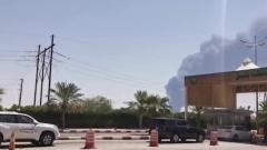 A screen grab from a video made on Saturday shows smoke billowing from an Aramco oil facility in Abqaiq in Saudi Arabia's eastern province. A screen grab from a video made on Saturday shows smoke billowing from an Aramco oil facility in Abqaiq in Saudi Arabia's eastern province.