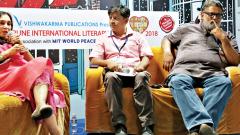 Neelima Dalmia Adhar, the moderator and Tushar Gandhi at ‘The Mahatma Today’ session at the sixth edition of Pune International Literary Festival Neelima Dalmia Adhar, the moderator and Tushar Gandhi at ‘The Mahatma Today’ session at the sixth edition of Pune International Literary Festival