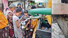 (Left) Children fill water in pots in the aftermath of the fire disaster at Patil Estate area. (Right) Rajendra Kamble in front of his newly built house which was damaged. (Left) Children fill water in pots in the aftermath of the fire disaster at Patil Estate area. (Right) Rajendra Kamble in front of his newly built house which was damaged.